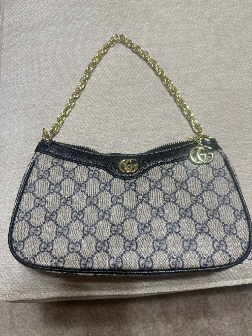 Faux Beige & Black GG Canvas Bag with Gold Chain